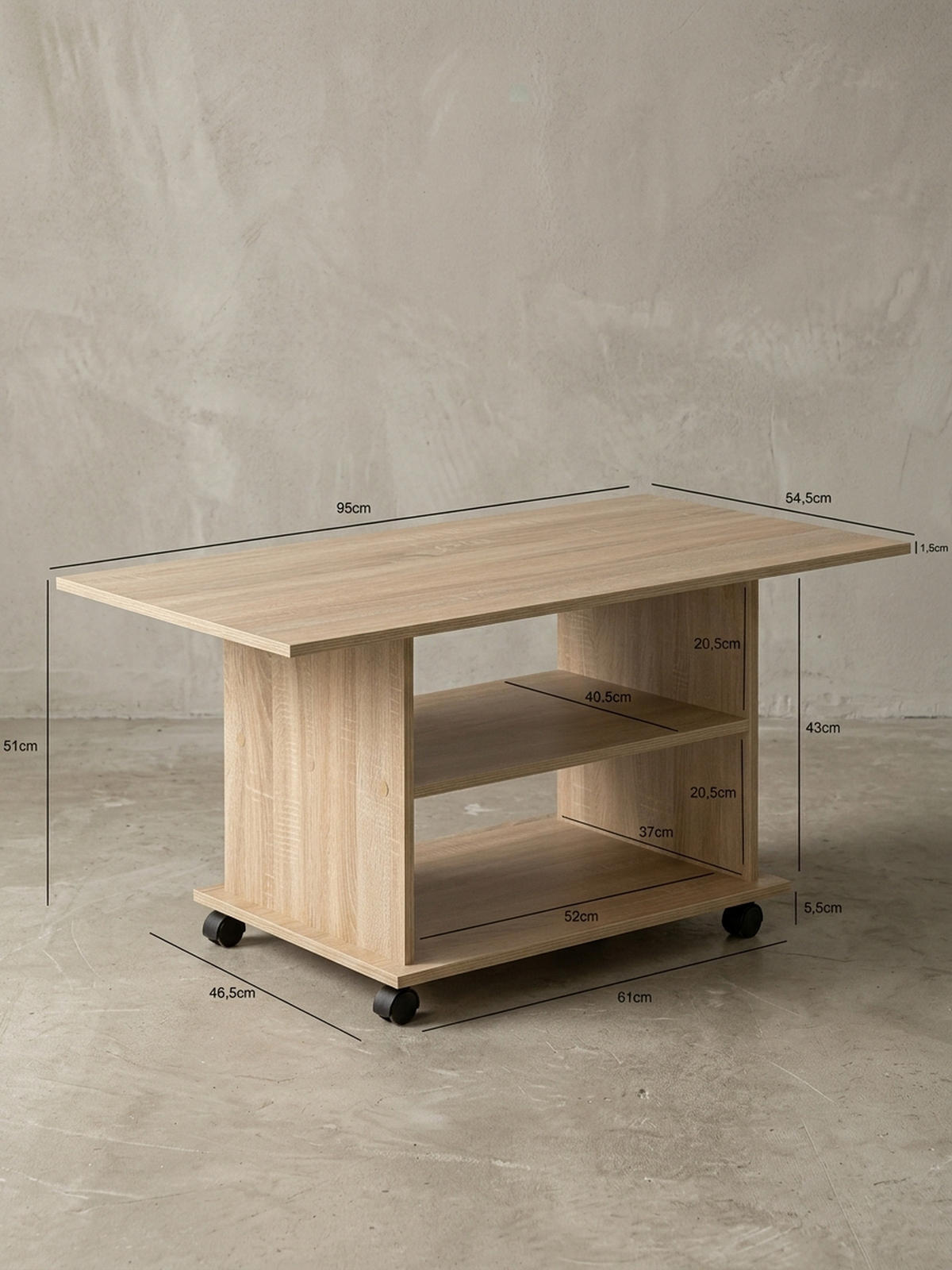 COUCHTISCH mit zwei Ablageflächen, Rollen und Melaminharzbeschichtung, Beige 95x54x51 cm - Beige/Schwarz, Holz (54/95/51cm) - KADIMA DESIGN