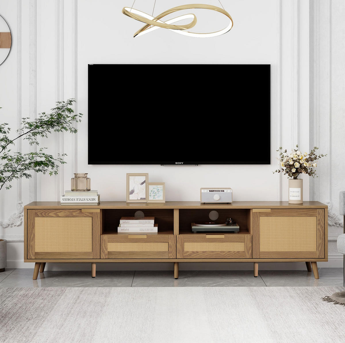 TV stolek 200/37/49 cm dub z dřevotřísky s ratanovým designem a nastavitelnými nohami - hnědá, kompozitní dřevo (200/49/37cm) - OKWISH