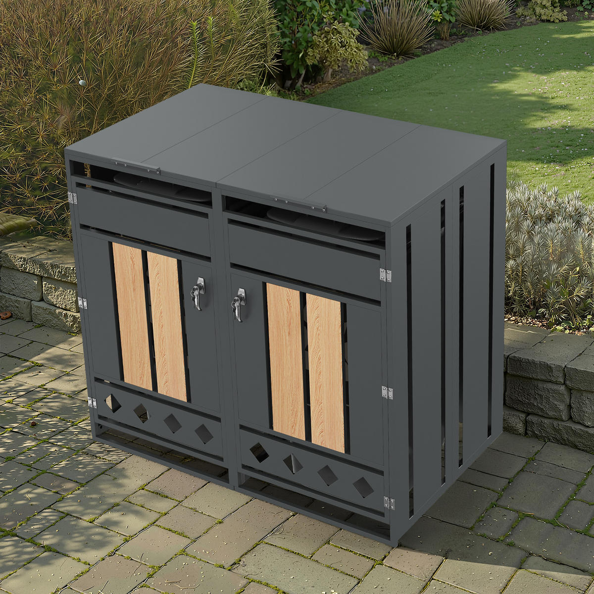 MÜLLTONNENBOX Klappdeckel 2 Türen Holzoptik vertikal - Grau, Metall (132/118.5/80cm) - LEBENLANG