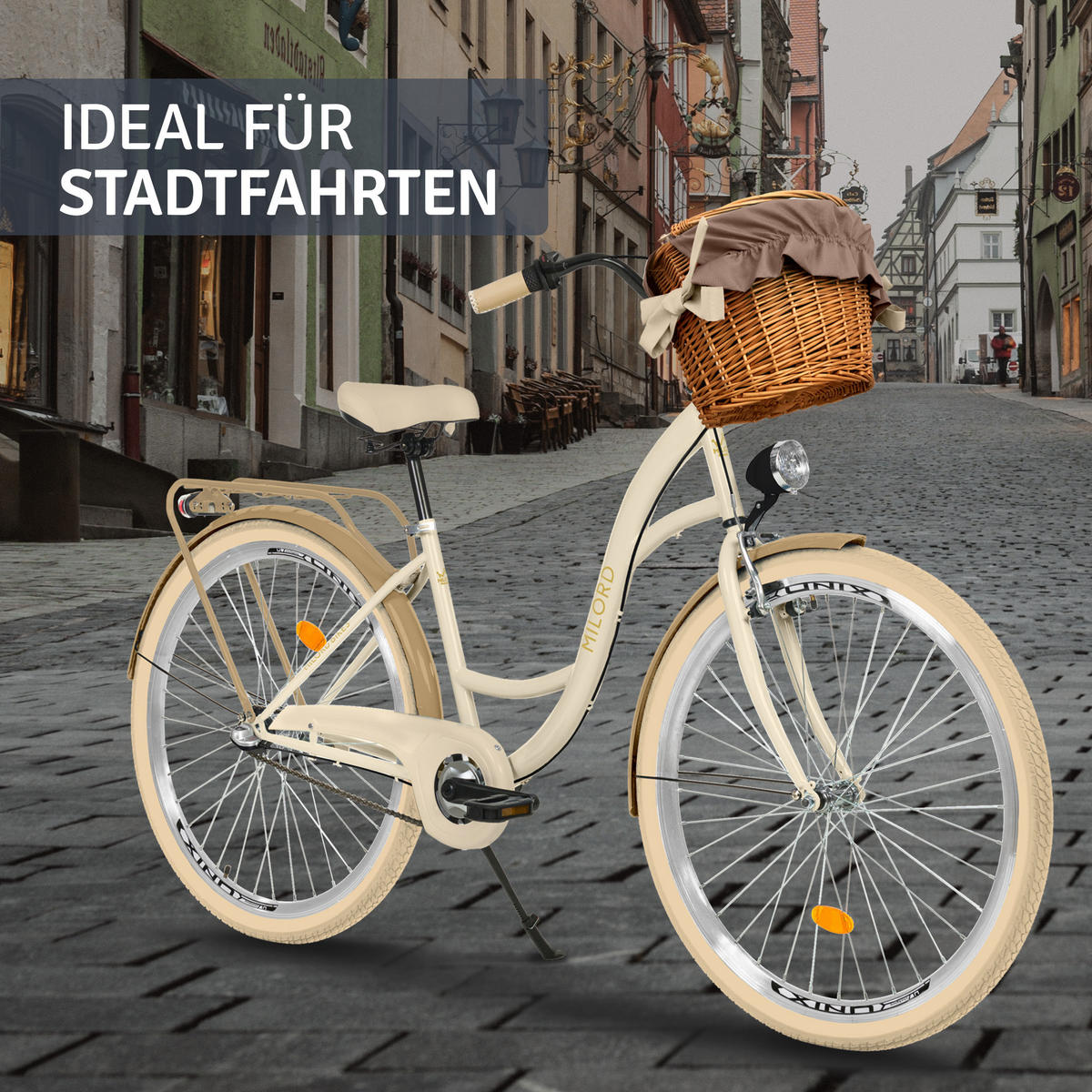 CITY-FAHRRAD Milord mit Weidenkorb, 28 Zoll, Creme-Braun, 3-Gang - Creme/Braun, Metall (46cm) - Milordbikes