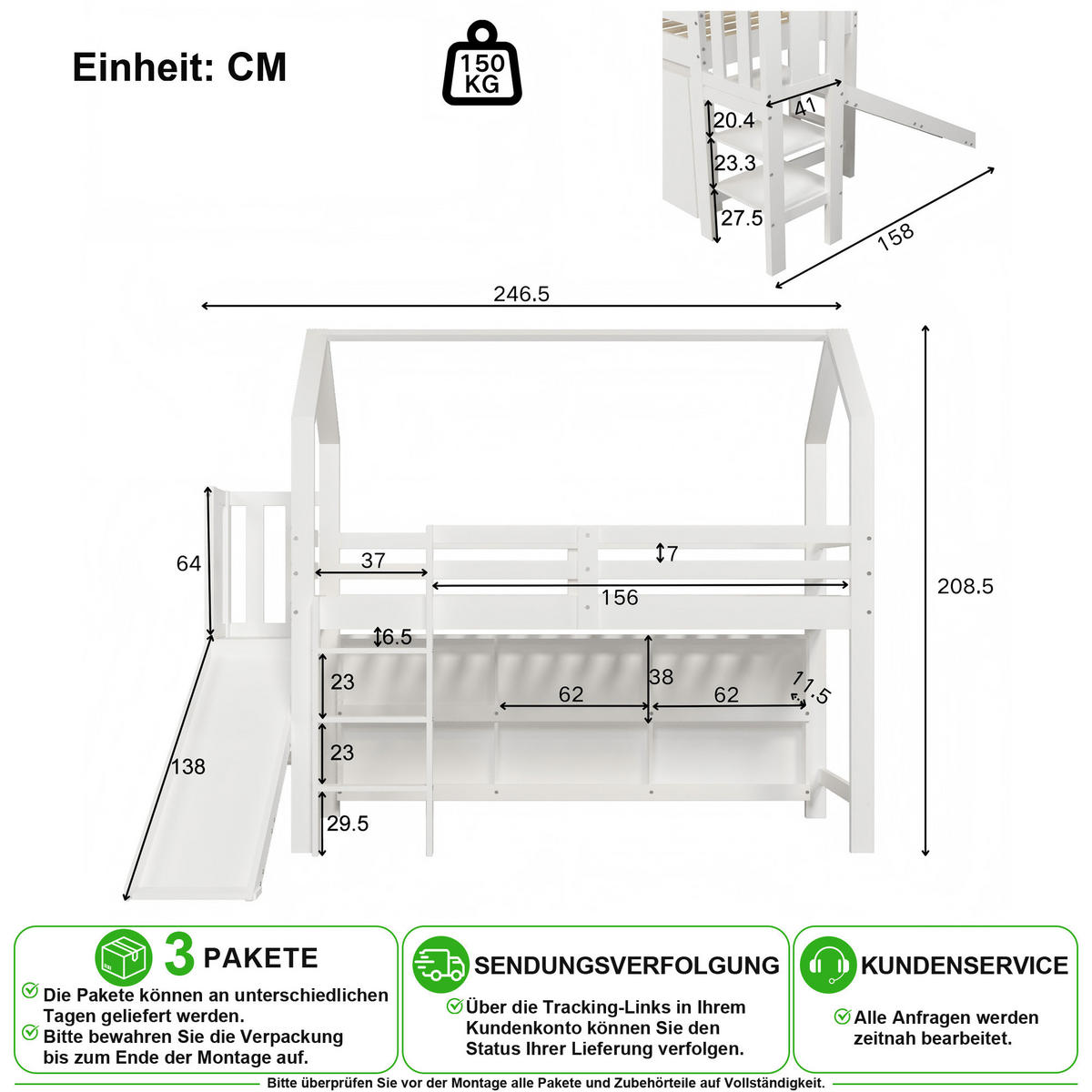 KINDERBETT 90/200 cm in Weiß mit Rutsche, Schließfächern und Regal - Weiß, Holz/Holzwerkstoff (90/200cm) - CHICFURN
