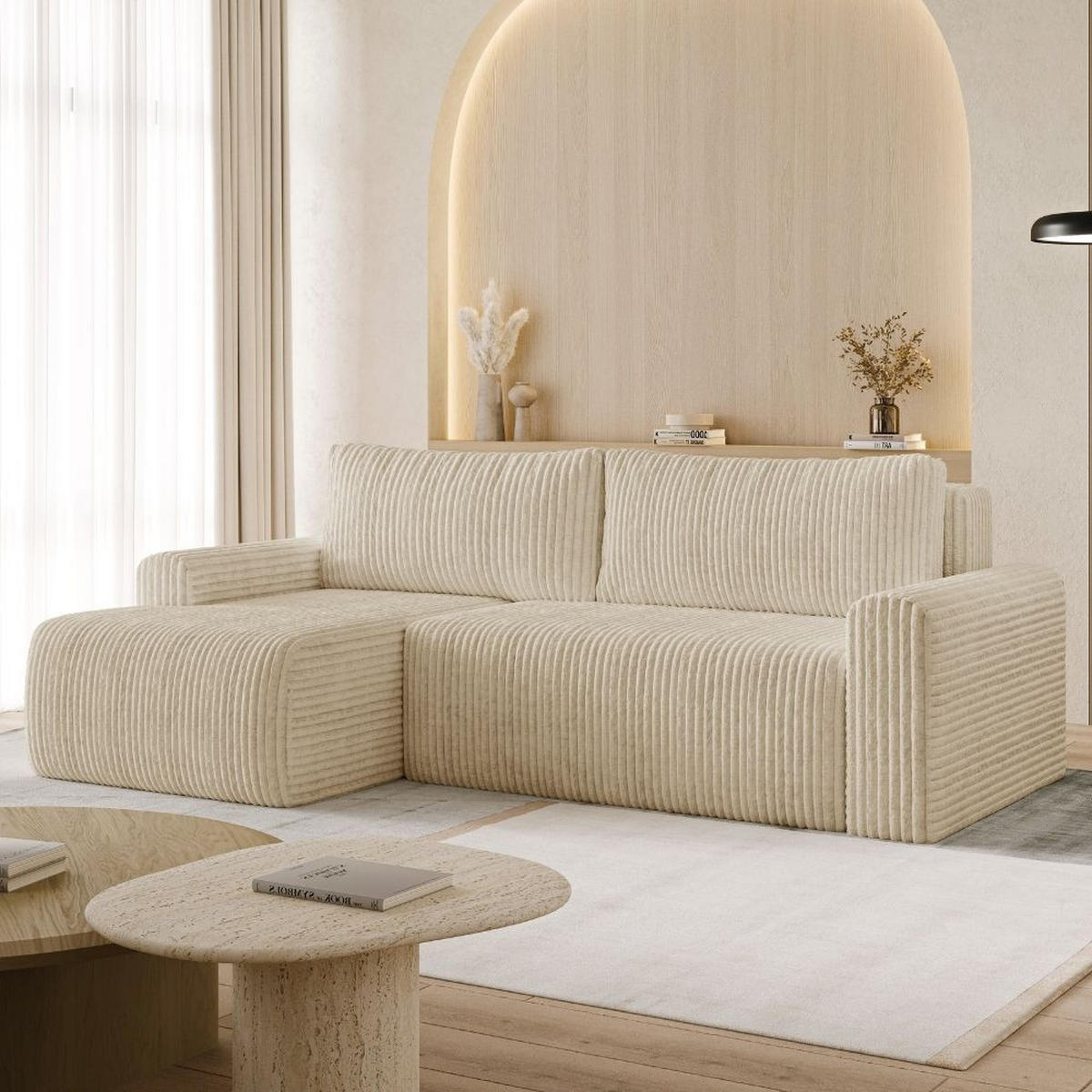 ECKSOFA MILO SMALL mit Schlaffunktion und Bettkasten, Links - TILIA 11 - Beige, Holz (240/142cm) - Dekori_Interiors