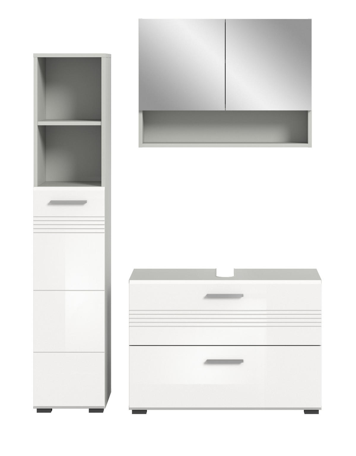 BADMÖBEL-SET 3-teilig weiß Hochglanz, grau 125 cm, Komplettset mit Soft-Close - Weiß Hochglanz/Grau, Glas/Holzwerkstoff (125/190/32cm) - Inn.Furn