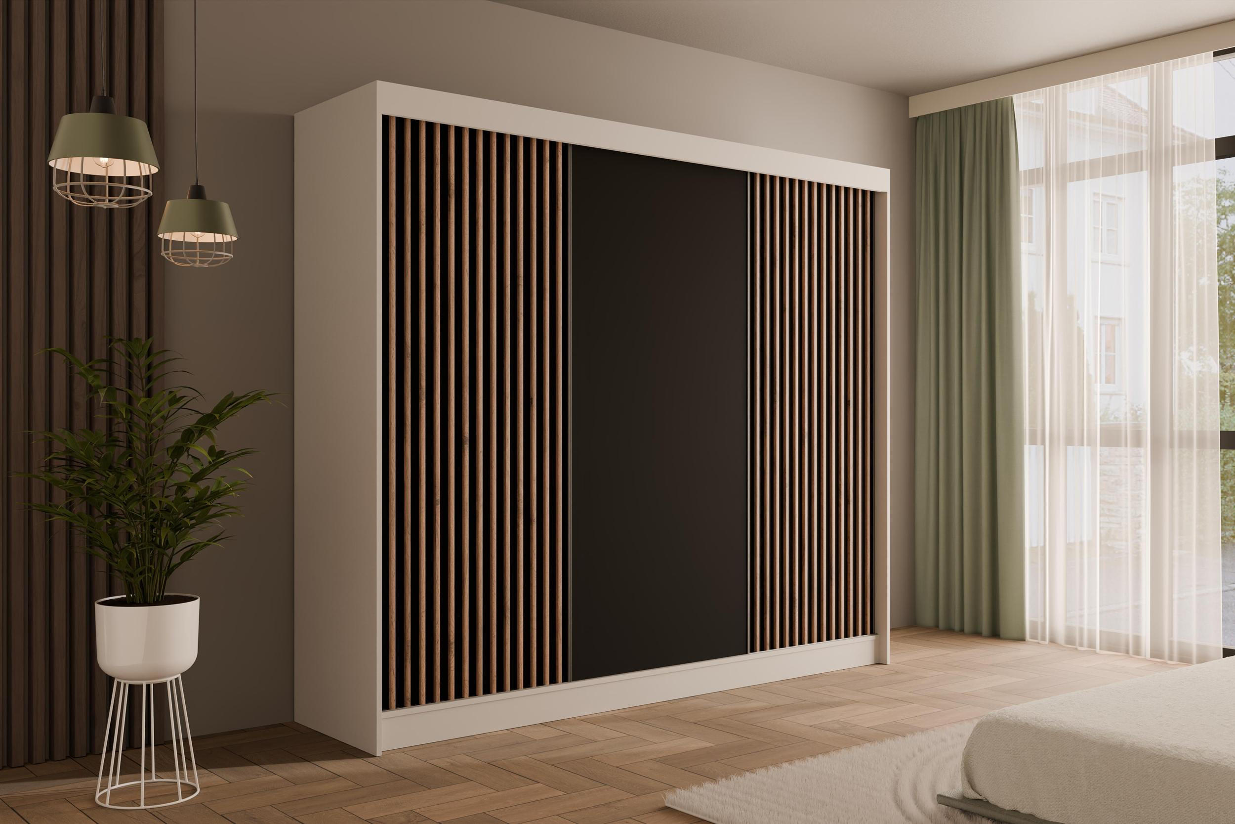 KLEIDERSCHRANK mit Lamel-Schiebetüren VILANv2 - 250 cm Weiß + Lamelle Eiche Wotan - Eiche Wotan/Weiß, Holzwerkstoff (250/215/61cm) - ALTDECOR