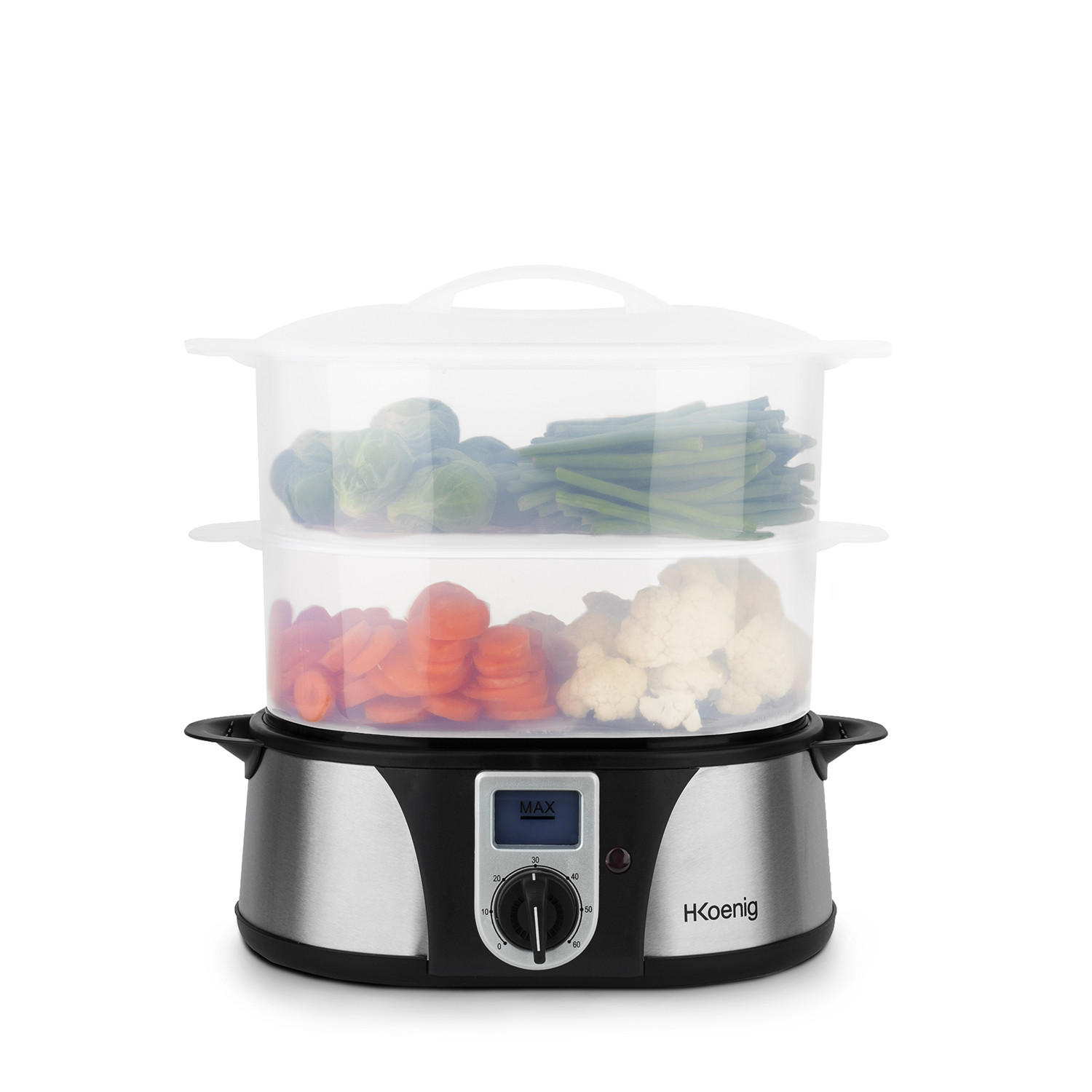 DAMPFGARER VAP10 Grau und Transparent, 3 herausnehmbare stapelbare Schalen für Eier, Gemüse, Reis - Silberfarben, Metall (35/43/20cm) - HKoenig