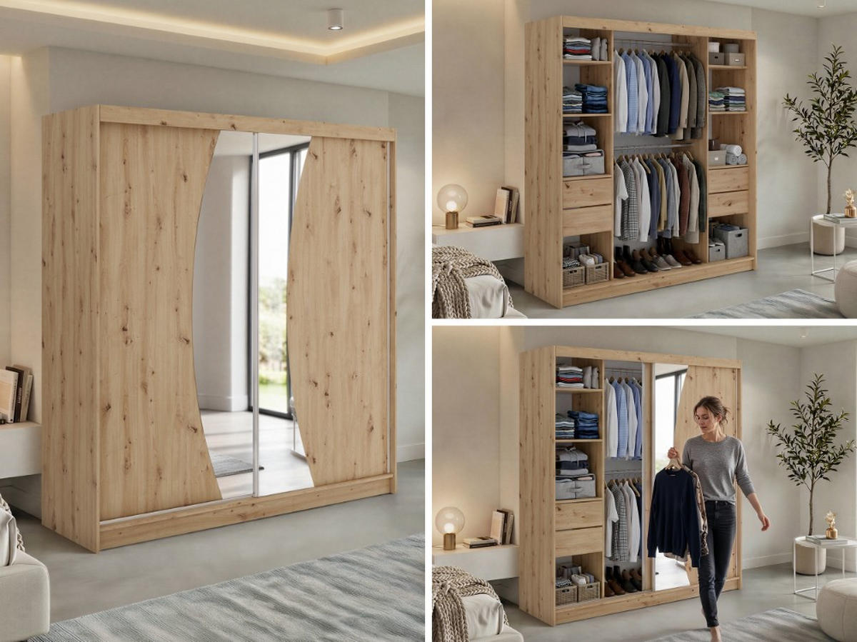 SCHWEBETÜRENSCHRANK mit Schubladen 200 - VERONA - Eiche Artisan mit Spiegel - Alufarben/Eiche Artisan, Holzwerkstoff/Metall (200/216/61cm) - MKS