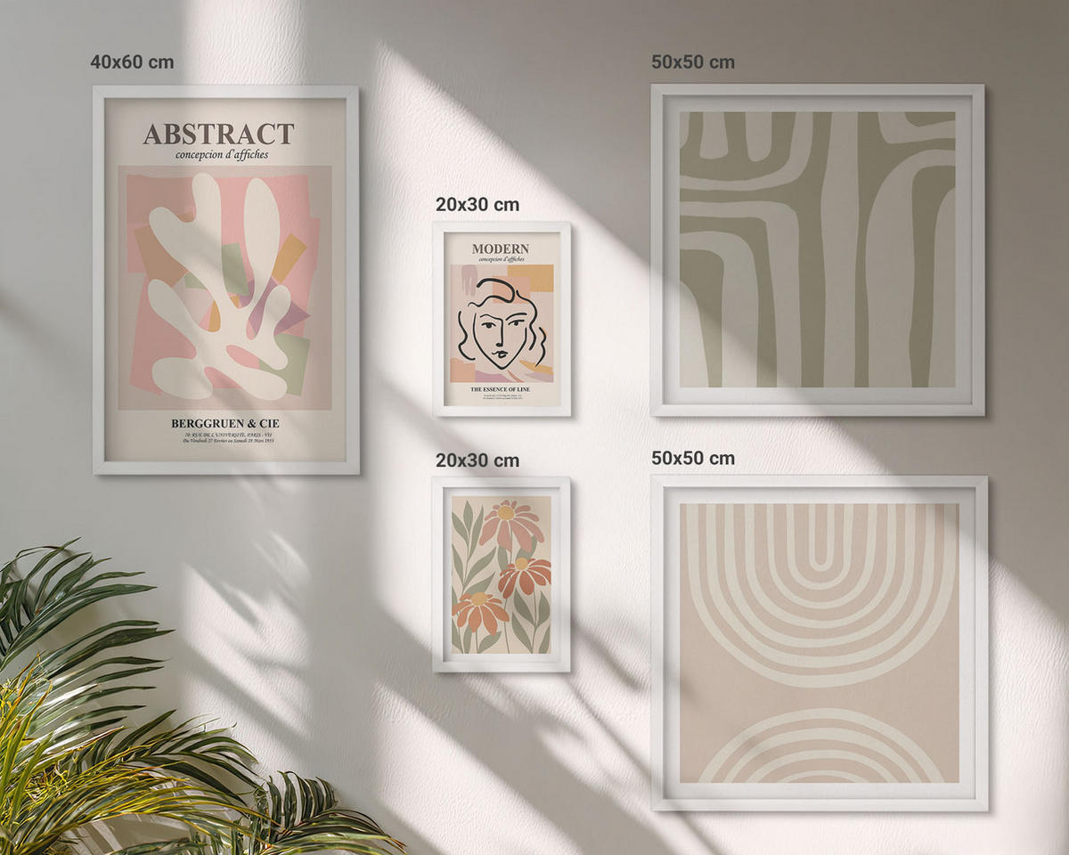 WANDBILDER 5er-Set - 50x50 cm & 20x30 cm & 40x60 cm Weißer Rahmen - Abstrakte Pflanzenformen - Weiß, Kunststoff (40/60cm) - ArtPrintCave