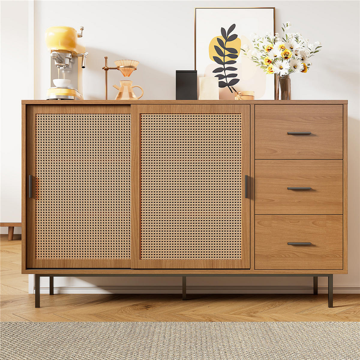 SIDEBOARD 140x91x37 cm Buffetschrank Schiebetüren 3 Schubladen - Naturfarben, Holz (140/91/37cm) - Kaket