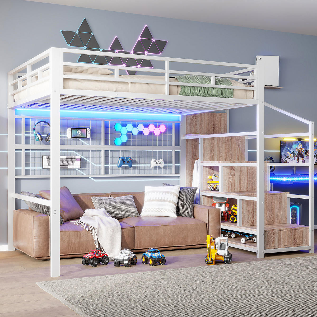 HOCHBETT 140x200cm Weiß Metall Kleiderschrank LED-Licht - Weiß, Metall (140/200cm) - FLIEKS