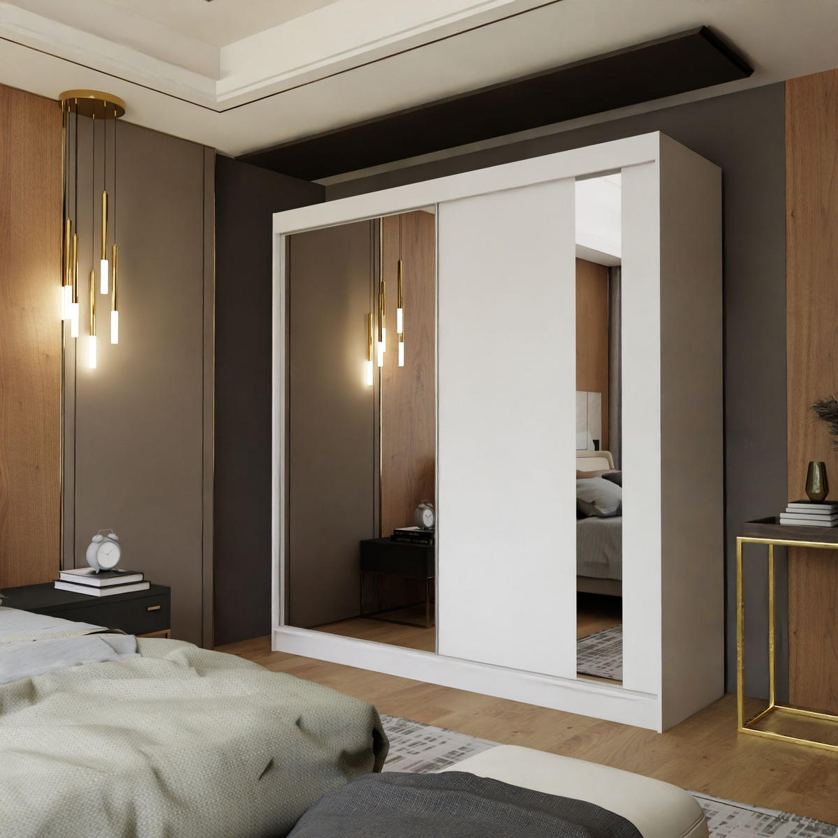 SCHWEBETÜRENSCHRANK GRAZIA 200/216/61 cm 2-türig mit Spiegel Weiß - Weiß, Holzwerkstoff (200/216/61cm) - MASSENO