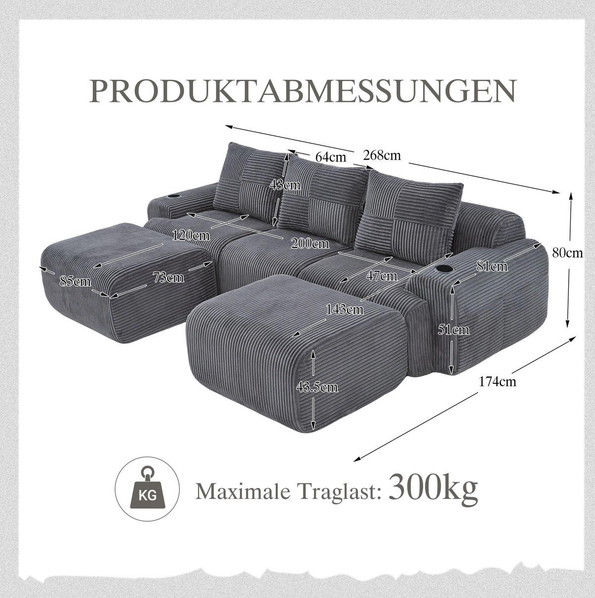 SOFA modular 268 x 174 cm Corduroy Dark Gray - Dunkelgrau, Kunststoff (174/80/268cm) - Meubliv