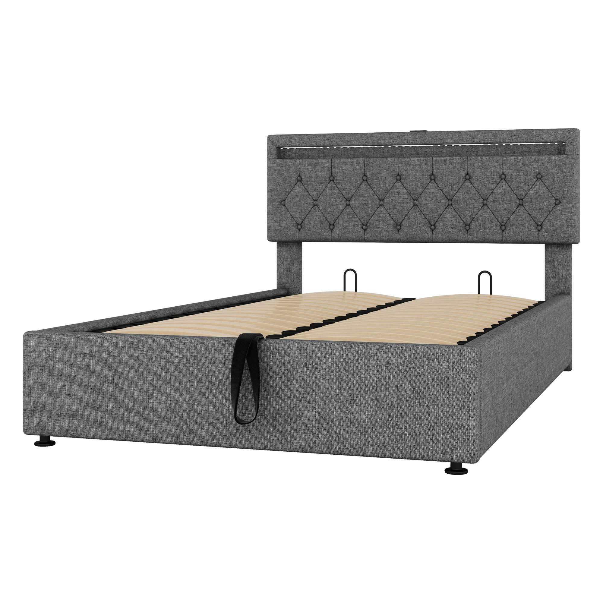 POLSTERBETT aus Leinen 140x200 cm in Grau mit LED-Beleuchtung & USB-C - Grau, Textil (140/200cm) - Modfu