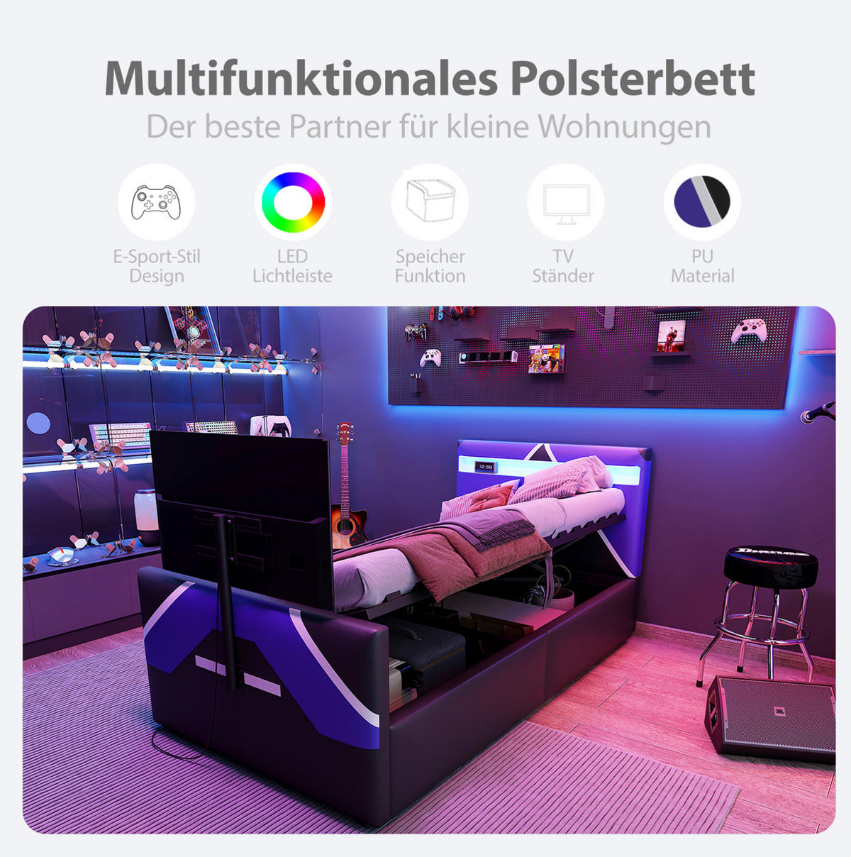 POLSTERBETT mit LED-Beleuchtung 90/200 cm mit Bettkasten und TV-Halterung - Schwarz, Kunststoff (90/200cm) - BEAOK