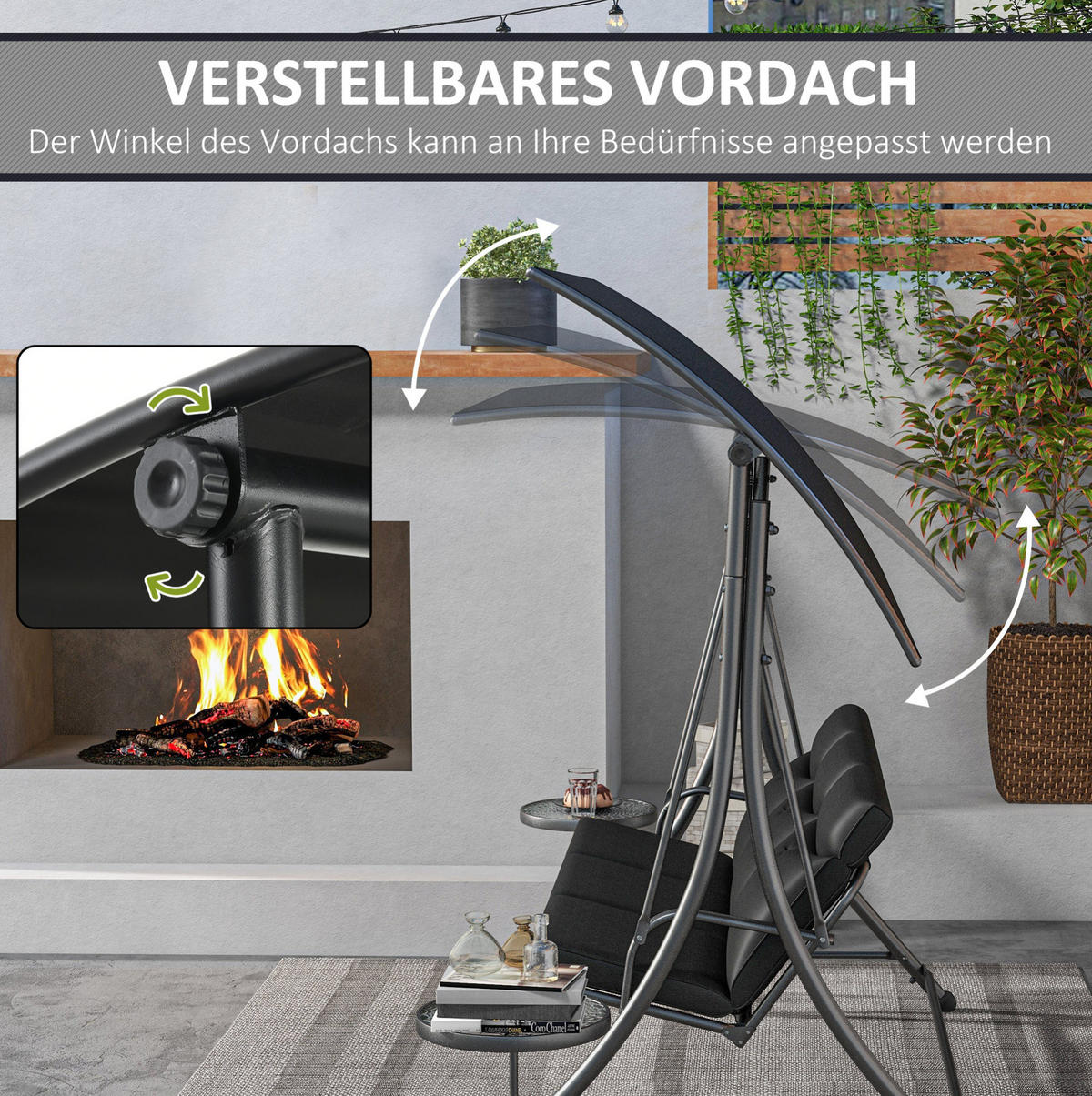 HOLLYWOODSCHAUKEL aus Metall 278x135x177 cm in Schwarz mit Couchtischen - Schwarz, Metall (278/177/135cm) - Modfu