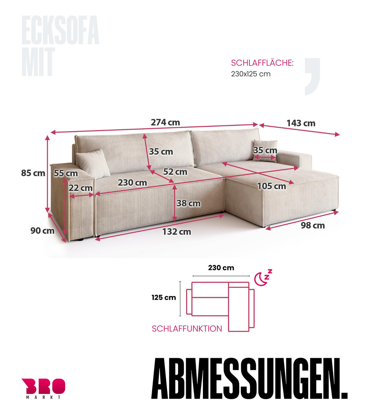 ECKSOFA ADI XL mit Schlaffunktion Vanille Cord - Creme, Textil (272/143cm) - Bromarkt