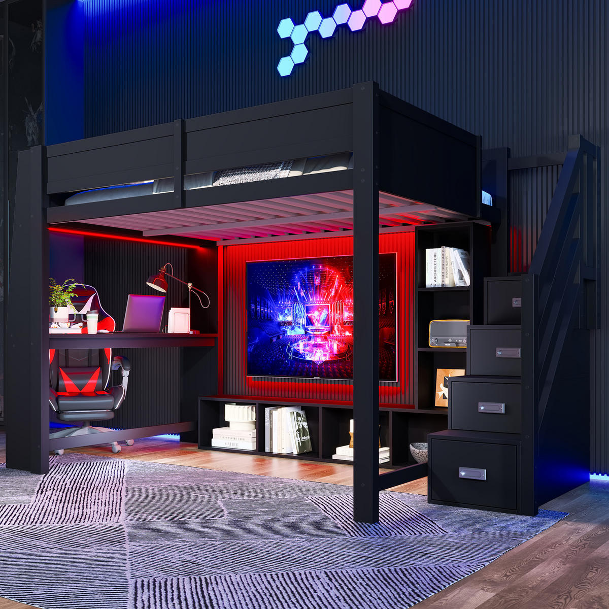 HOCHBETT 140/200 cm, Schwarz mit Schreibtisch und LED-Beleuchtung - Schwarz, Holzwerkstoff (140/200cm) - MIVRAY