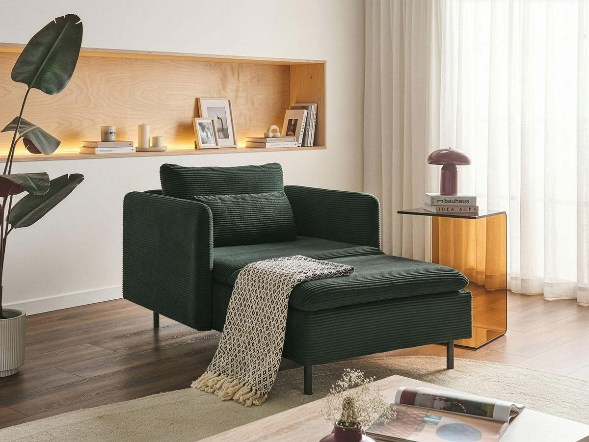 ČALOUNĚNÉ LEHÁTKO CHAISE LONGUE Manšestr Tmavě zelené Egeris - tmavě zelená/zelená barva, textil (87/80/149cm) - Beliani