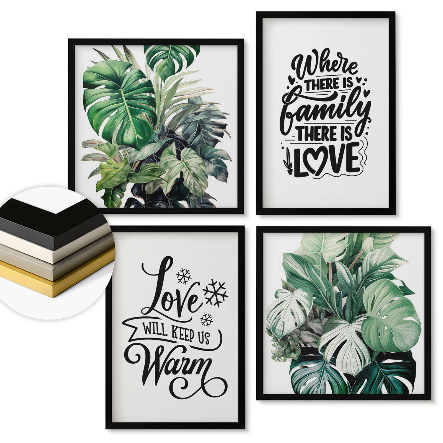 WANDBILDER 4er-Set - 50x50 cm & 40x60 cm Schwarzer Rahmen - Familie liebt Zuhause Aquarell - Schwarz, Kunststoff (50/50cm) - ArtPrintCave