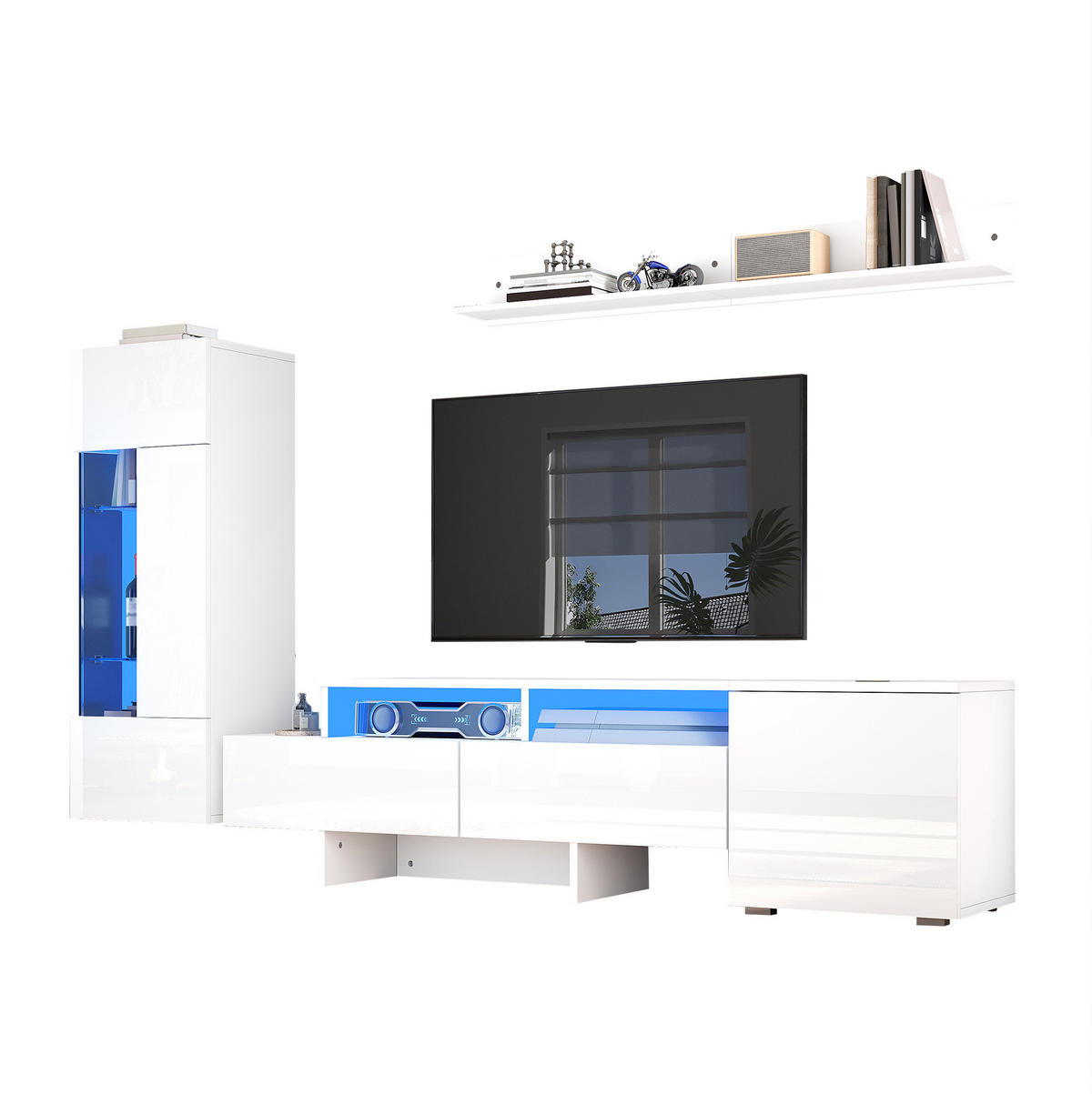 WOHNWAND aus Spanplatte 3-teilig 170x35x45/40x31,5x100/120x12x18 cm Weiß mit LED, Hochglanz und Soft-Close - Weiß, Holzwerkstoff (170/45/35cm) - Modfu