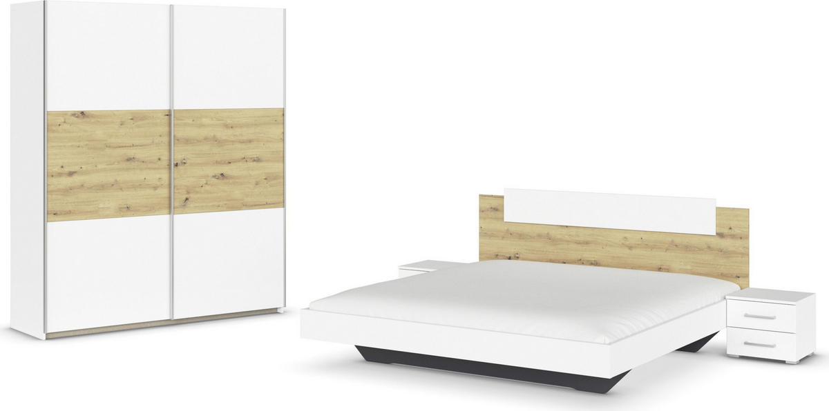 SCHLAFZIMMER Borba in Weiß und Eiche 4 teilig – mit Bettanlage 180x200cm, zwei Nachttisch und Schwebetürenschrank 175cm Breite - Weiß, Holzwerkstoff (80/200/120cm)