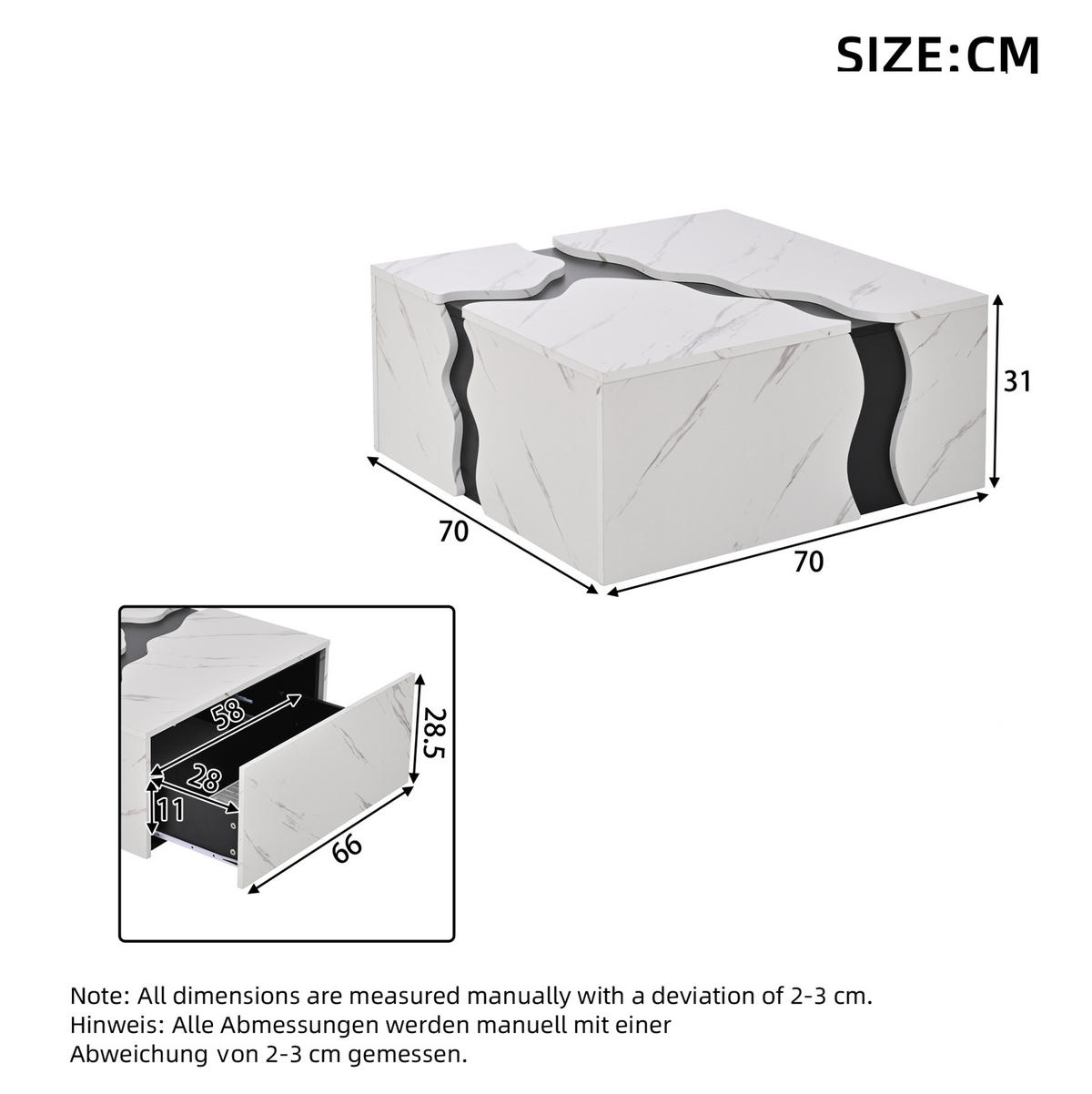 COUCHTISCH 70/70/31 cm Weiß in Marmoroptik mit Schublade aus Spanplatte - Weiß, Holzwerkstoff (70/70/31cm) - OKWISH