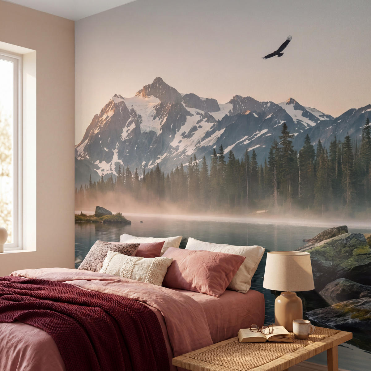 TAPETE - Berge - Wasser - Bäume - 300x280 cm - Multicolor, Papier (300/280cm) - OnlyWow