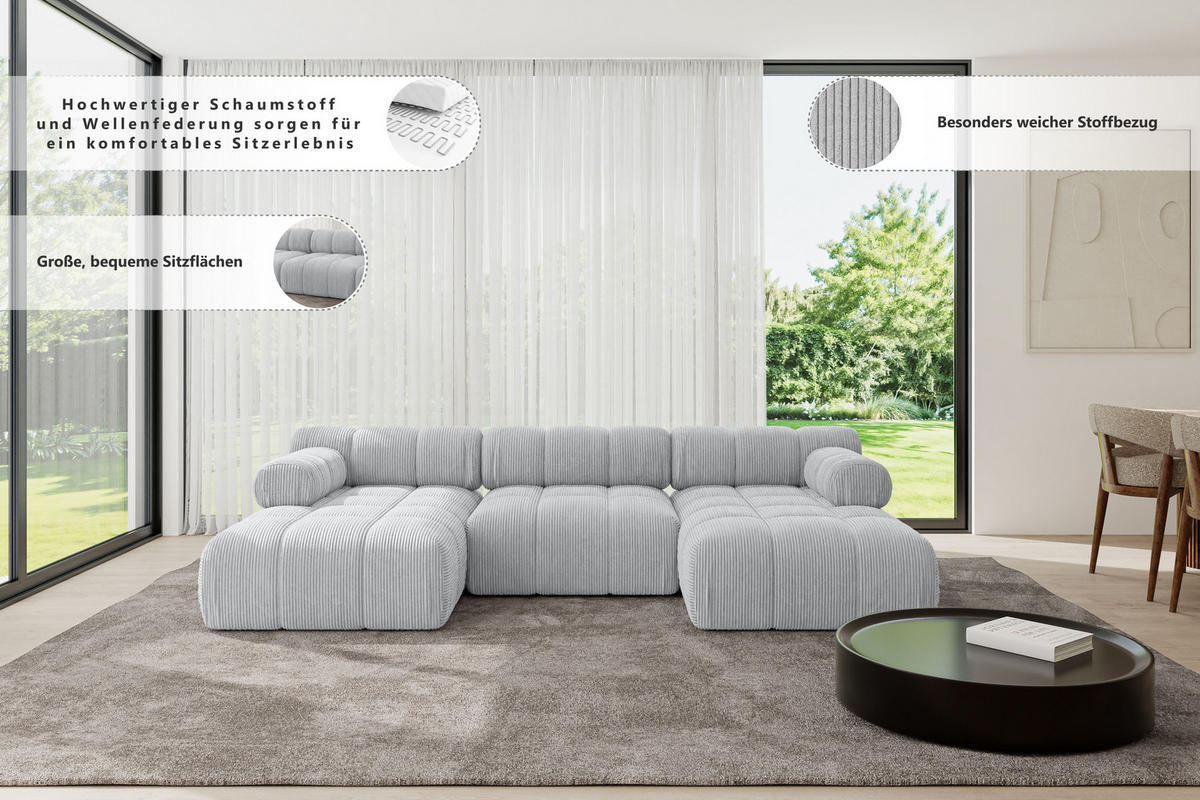 WOHNLANDSCHAFT modulares Sofa Tesso-U1 - 285x160x70 cm Beige Bouclé - Beige, Holzwerkstoff/Textil (285/70/160cm) - ALTDECOR