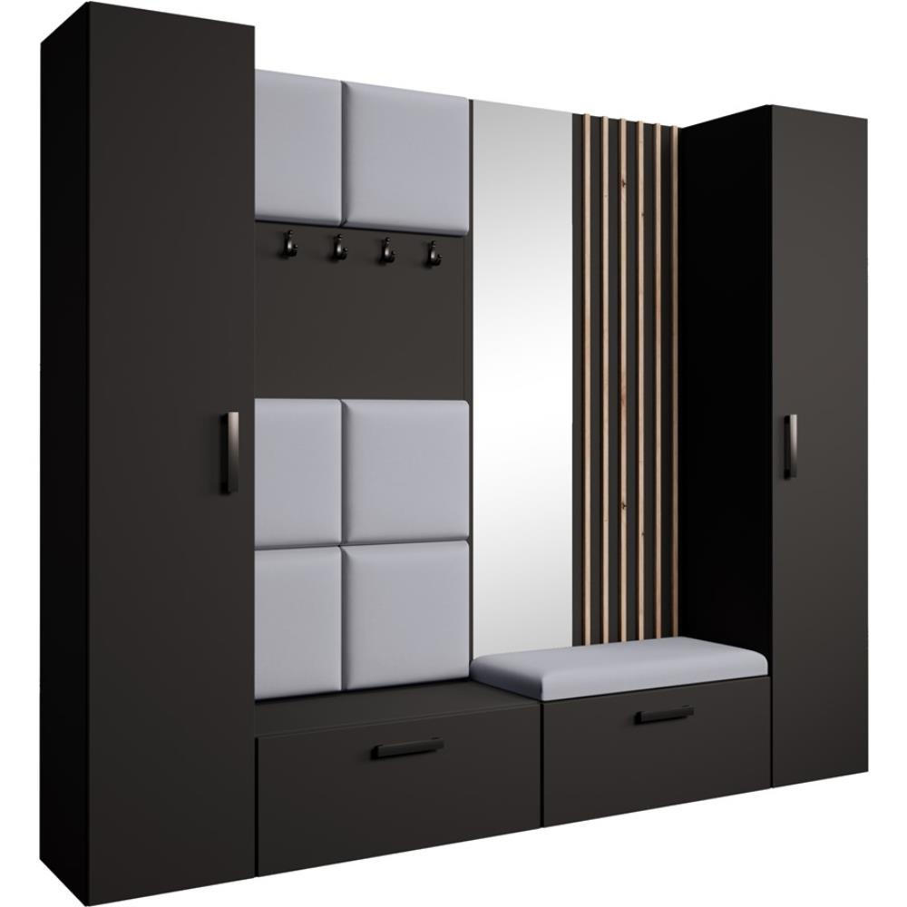 GARDEROBE Margaret XL 242/203/43 mit gepolsterten Paneelen/Lamellen/Spiegel - Schwarz/Grau, Holzwerkstoff/Kunststoff (242/203/43cm) - Beautysofa