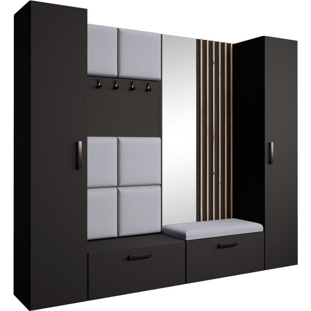 GARDEROBE Margaret XL 242/203/43 mit gepolsterten Paneelen/Lamellen/Spiegel - Schwarz/Grau, Holzwerkstoff/Kunststoff (242/203/43cm) - Beautysofa