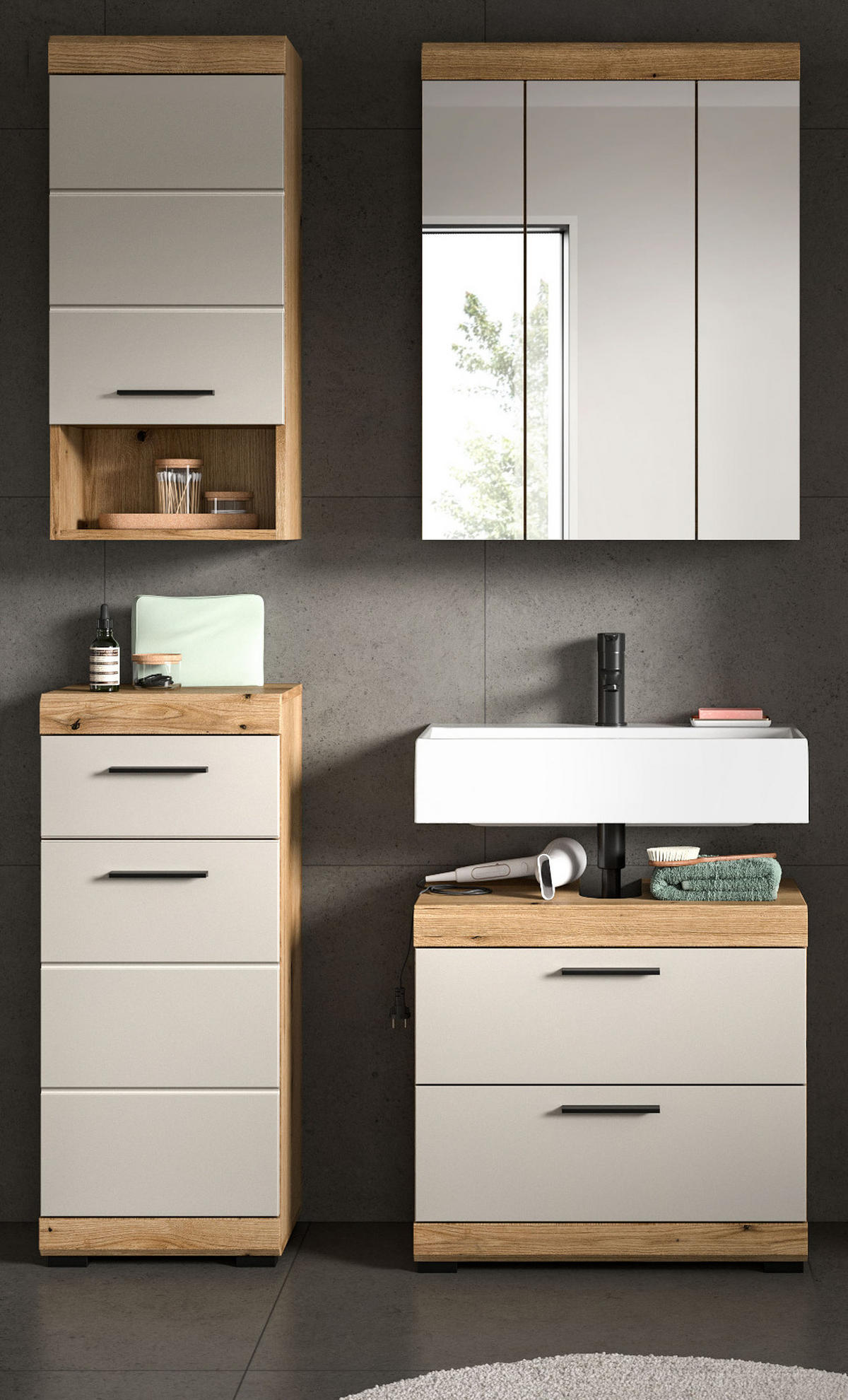 BADMÖBEL-SET Sand Kaschmir, Evoke Eiche 4-teilig, Badkombination 112 x 191 cm - Kaschmir/Eichefarben, Glas/Holzwerkstoff (112/191/34cm) - Inn.Furn