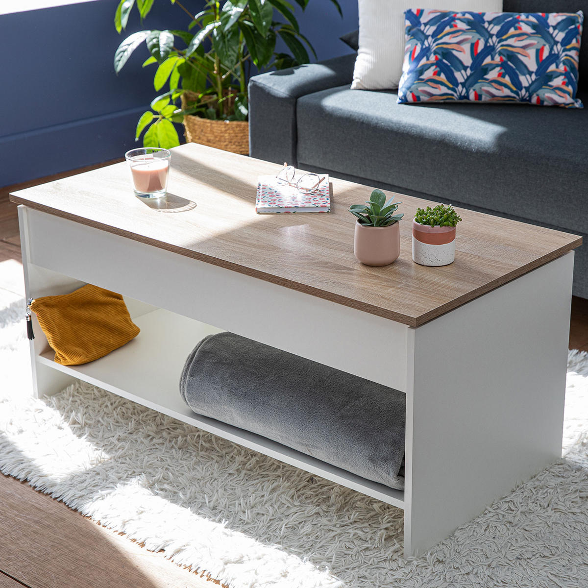 COUCHTISCH Hedda Weiß und Holz - Hellbraun/Weiß, Holzwerkstoff (100/50/58cm) - Happy Garden