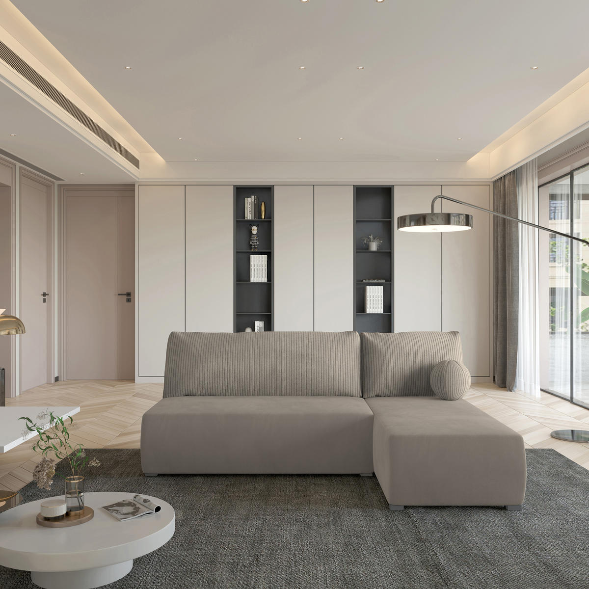 ECKSOFA PARVELO Beige Plüsch-Stoff mit Schlaffunktion - Beige, Holz (200/143cm) - MASSENO