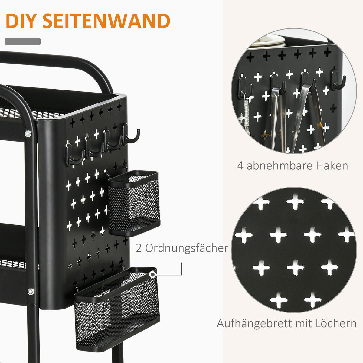 SERVIERWAGEN mit 3 Ebenen Küchenwagen mit Rollen, Griff, Haken und Korb Schwarz - Schwarz, Metall (32/75.6/51.5cm) - HOMCOM