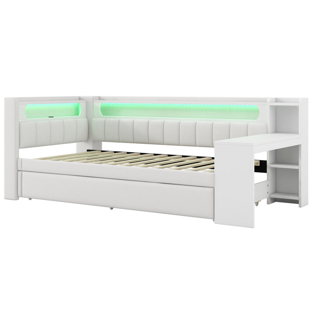 POLSTERBETT aus MDF, Sperrholz und Leinen 90x200 cm Weiß mit LED-Beleuchtung, USB-Anschluss, Ausziehbett und Schreibtisch - Weiß, Holzwerkstoff (90/200cm) - Modfu