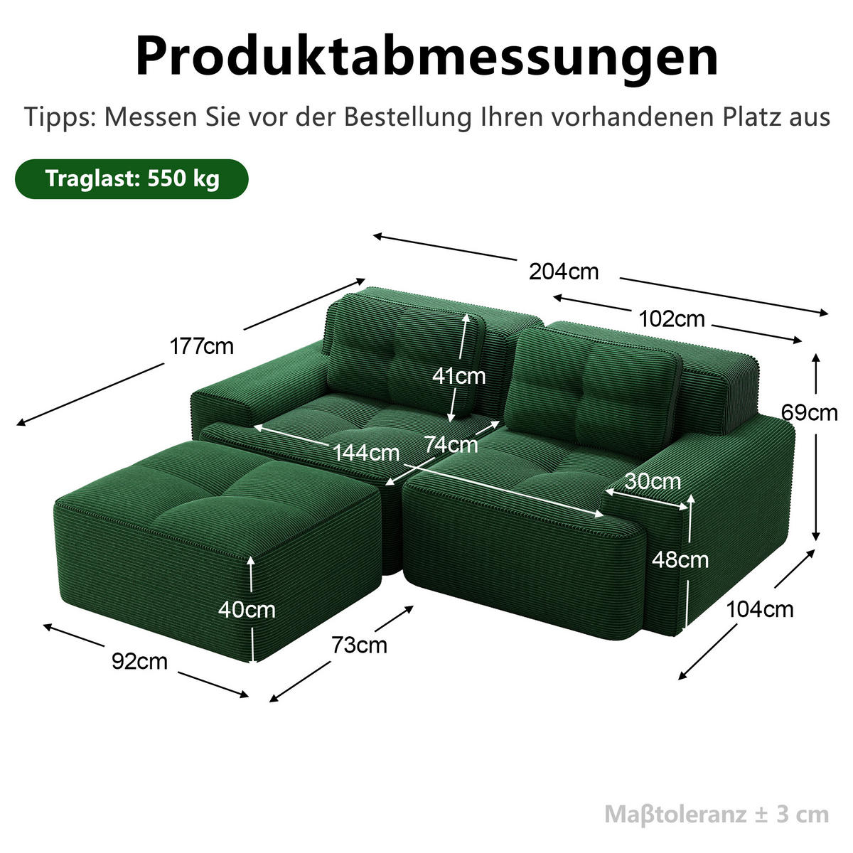 ECKSOFA DE-34113 2-Sitzer mit Ottoman Grün - Grün, Textil (177/204cm) - ComfortXL