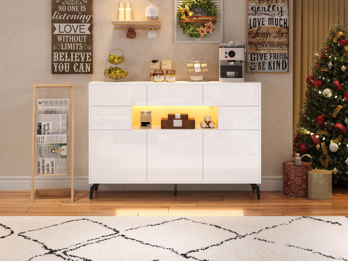 SIDEBOARD 140/30/94 cm mit 3 Schubladen, LED-Beleuchtung und Hochglanzfront - Weiß, Holzwerkstoff (140/94/30cm) - BEAOK