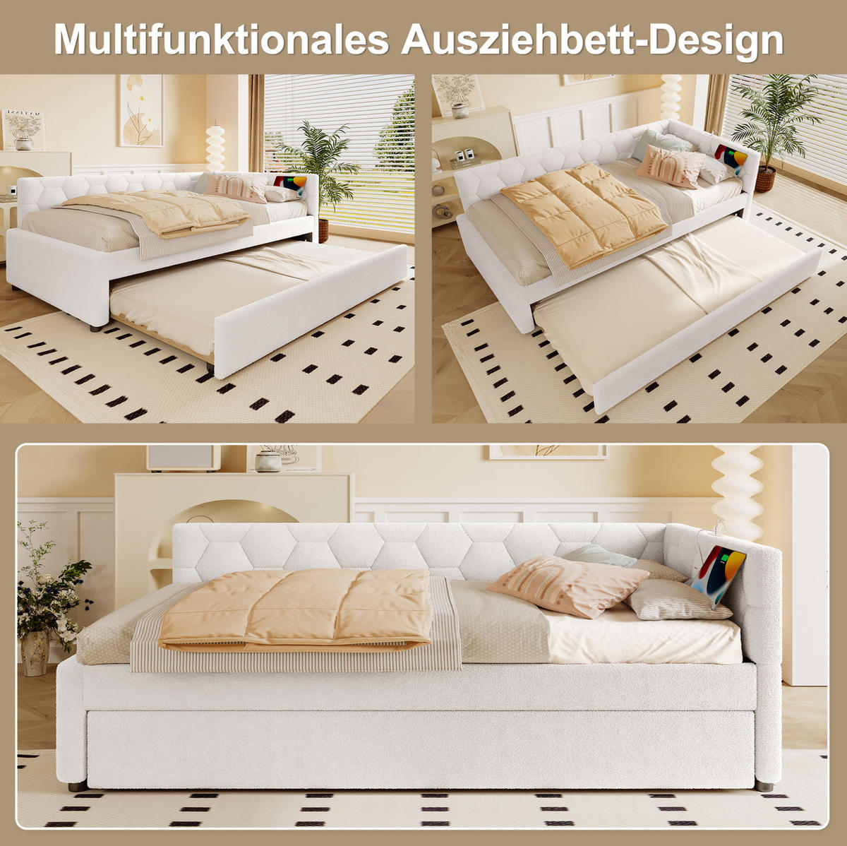 POLSTERBETT 90/200 cm Weiß aus Boucle mit Ausziehbett - Weiß, Textil (90/200cm) - OKMYHOME