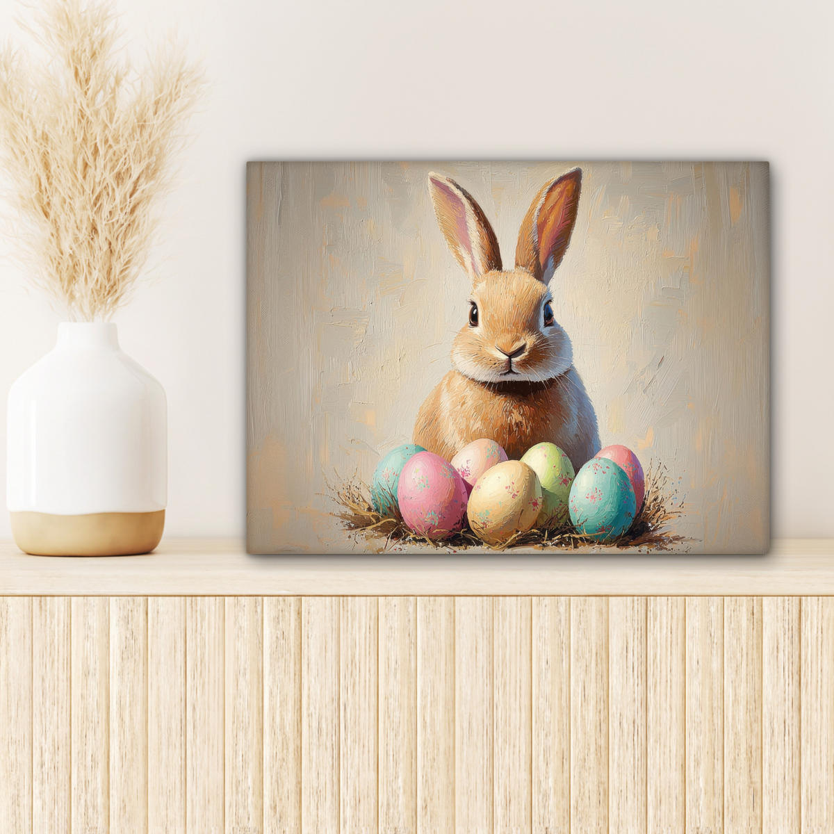 LEINWANDBILD Osterhase - Pastell - Eier Wandbild 40x30 cm - Beige, Textil (40/30cm) - MuchoWow