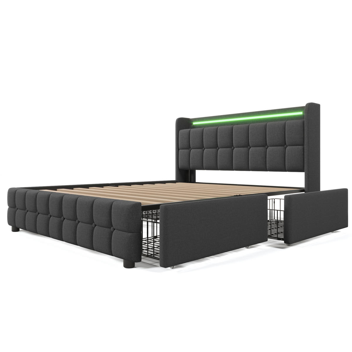 POLSTERBETT 160/200 cm mit LED-Beleuchtung, USB-Anschlüssen, Steckdosen und 4 Schubladen, Grau - Grau, Holz - Redom