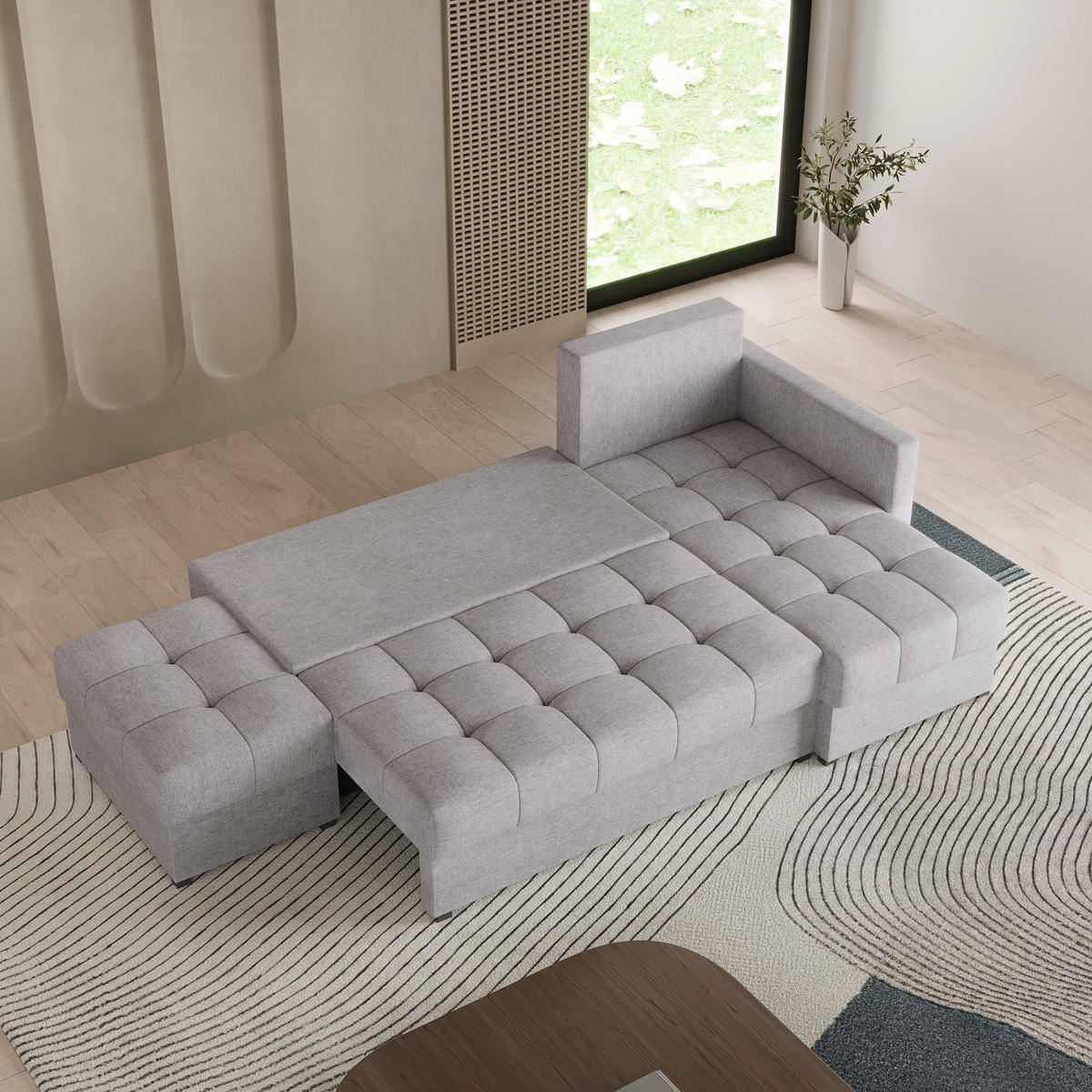 ECKSOFA LUMARI R-S Beige Plüsch-Stoff mit Schlaffunktion - Beige, Holz (262/143cm) - MASSENO