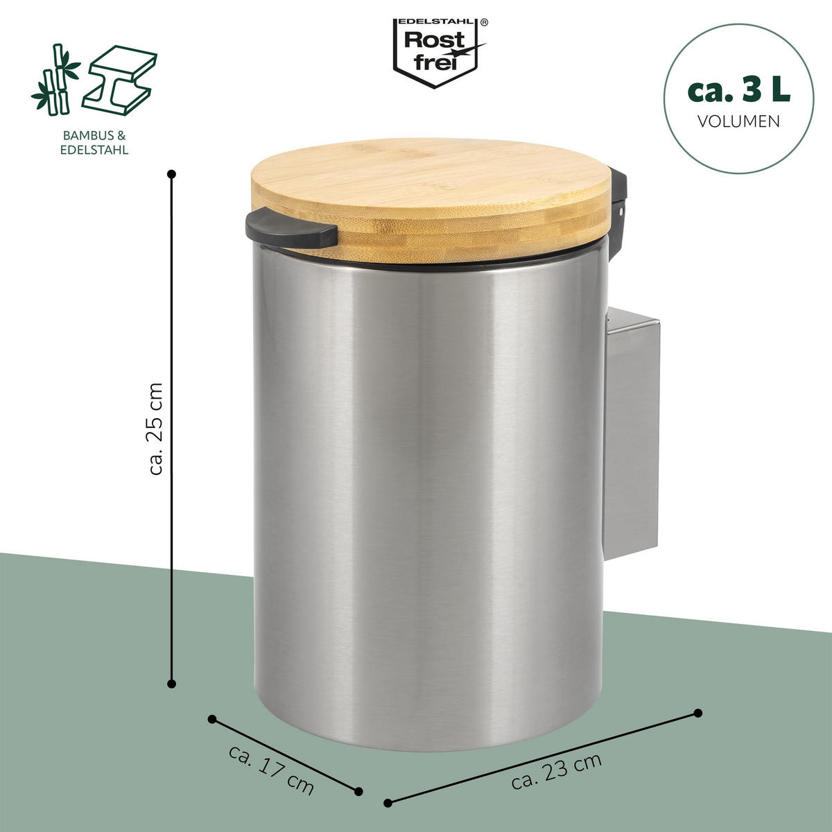WAND-KOSMETIKEIMER 3 L, rund, Edelstahl - Edelstahlfarben, Metall (17/25/23cm) - bremermann