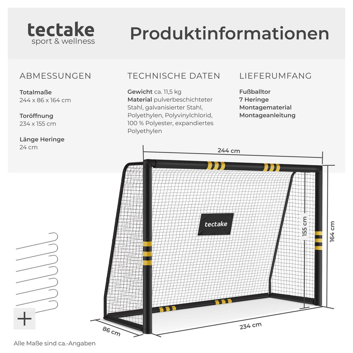 FUSSBALLTOR Harry, werkzeugloses Klicksystem , schwarz/gelb - Gelb/Schwarz, Kunststoff (244/86cm) - tectake