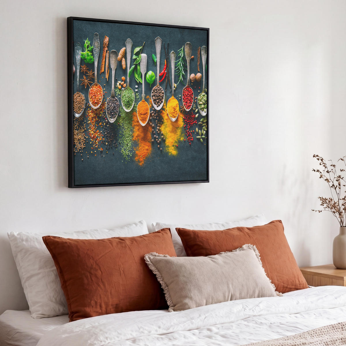 LEINWAND Bilder mit Rahmen - Kräuter - Gewürze - Löffel - 50x50 - Currygelb, Textil (50/50cm) - MuchoWow