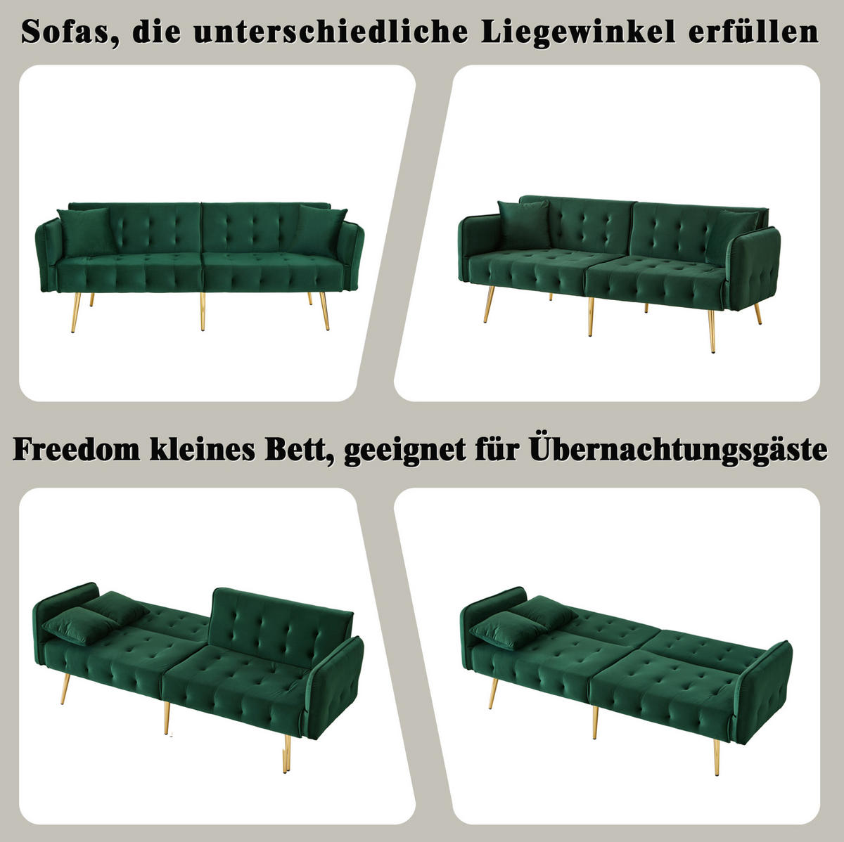 2-SITZER Schlafsofa Samt mit verstellbarer Rückenlehne und Armlehnen Grün 178/82/70 cm - Grün, Textil (82/70/178cm) - Redom
