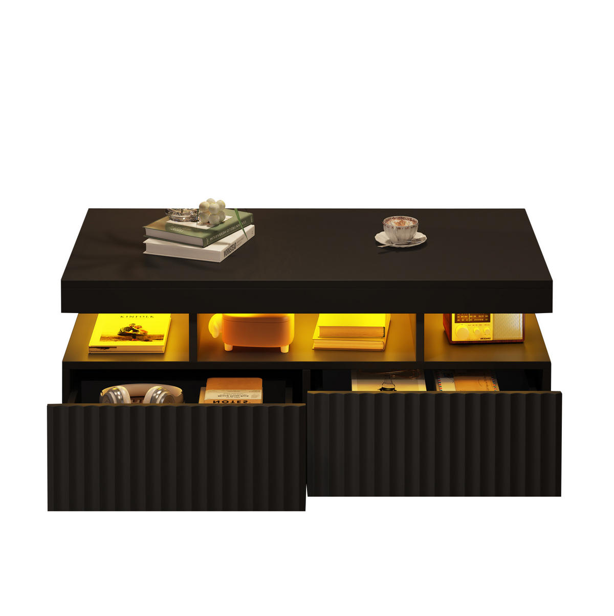 COUCHTISCH 100/50/45 cm mit 2 Schubladen, LED-Beleuchtung und offenem Fach, aus Spanplatte, Schwarz - Schwarz, Holzwerkstoff (100/50/45cm) - Redom