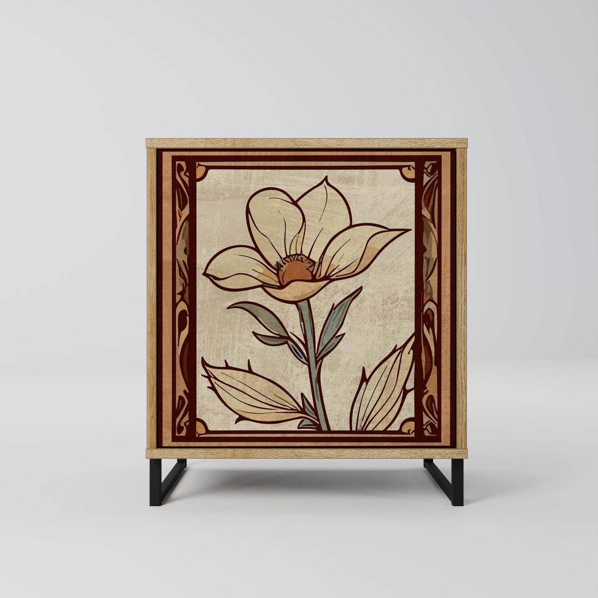 SIDEBOARD TIMELESS FLORA, Eichefarben, 57,5x42x67,5 cm, Schwarze Metall-Rahmenfüße - Eichefarben/Multicolor, Holzwerkstoff/Metall (57.5/67.5/42cm) - SpaceRebels
