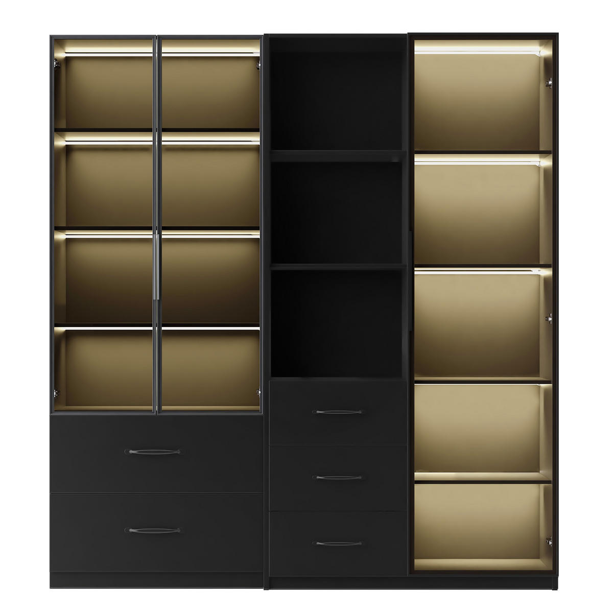 VITRINE 140cm Glas LED Bücherregal multifunktional modern - Schwarz, Holzwerkstoff (140/160/40cm) - FLIEKS
