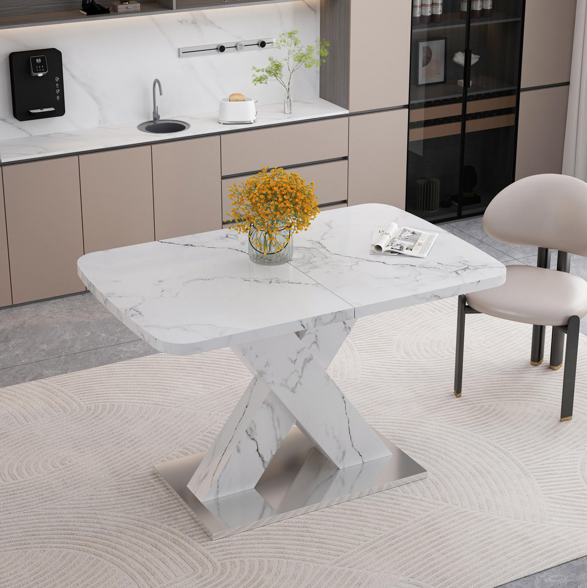 ESSTISCH 120-160/80/76,5 cm ausziehbar mit Marmoroptik und X-Gestell, Weiß - Weiß, Holzwerkstoff (160/80/76.5cm) - Redom