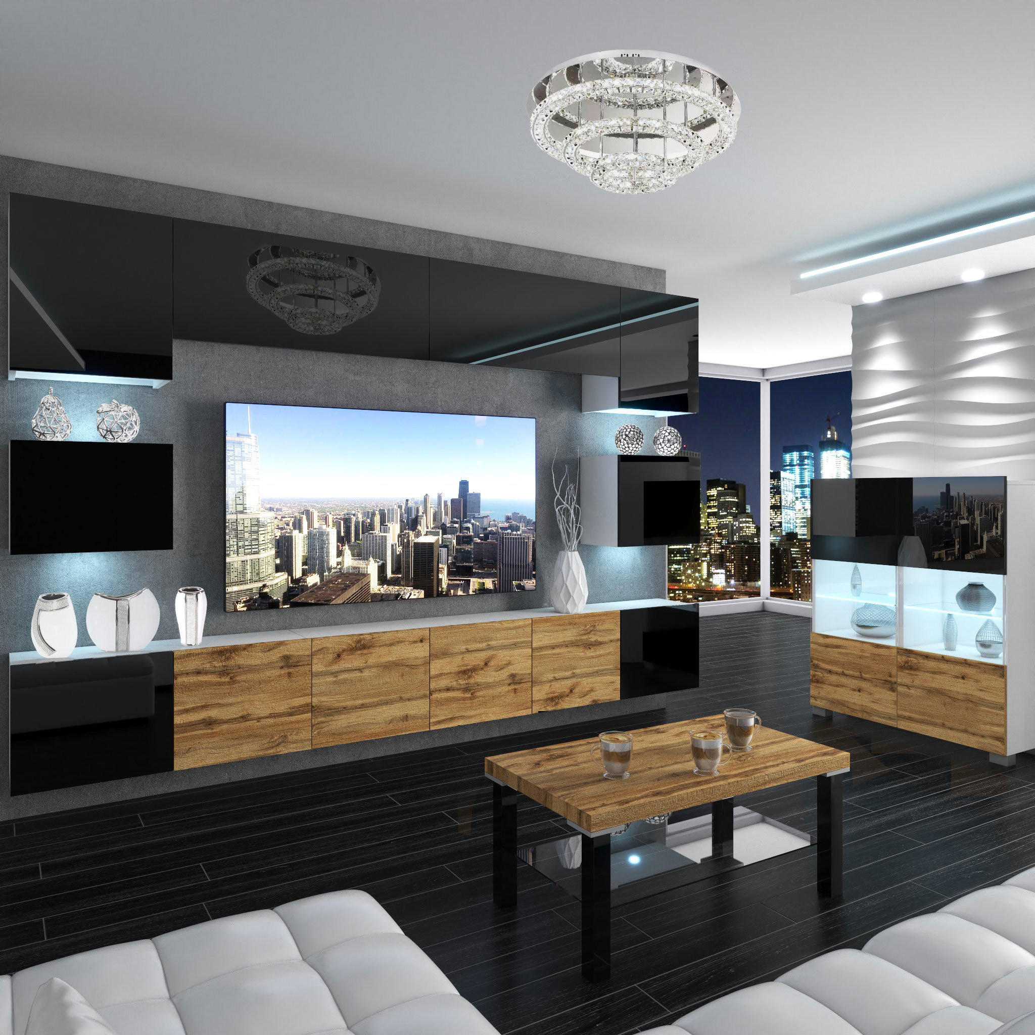 WOHNZIMMERWAND Schrankwand mit LED Schwarz Top / Wotan Eiche seiten Schwarz - Schwarz/Braun, Holz (300/180/36cm) - B BELINI GROUP