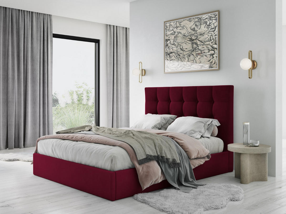 BETT mit Bettkasten und Kopfteil Phaedra aus Samt dunkelrot 180x200cm - Dunkelrot, Textil (180/200cm) - Micadoni